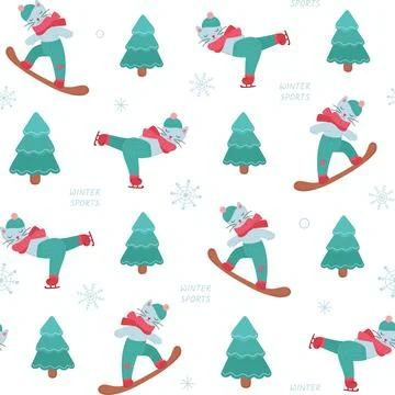 Winter seamless pattern with cute cat on snowboard Stock Illustration