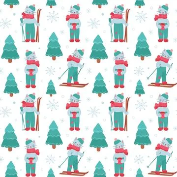 Winter seamless pattern with cute cat on ski Stock Illustration