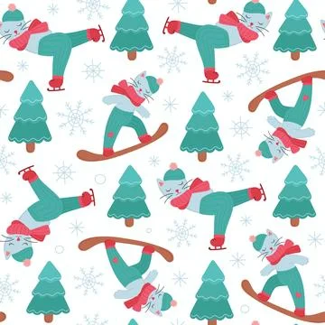 Winter seamless pattern with cute cat on skates Stock Illustration
