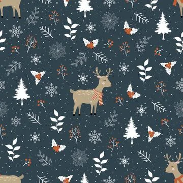Winter seamless pattern with cute deer,berries and snowflakes on dark grey ba Illustrazione stock