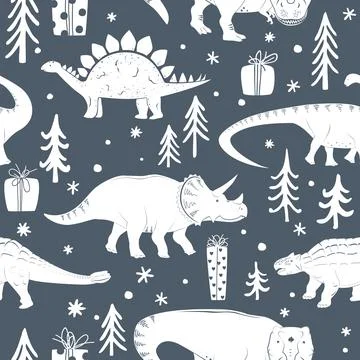 Winter seamless pattern with cute dinosaurs and hand drawn doodle trees Stock Illustration
