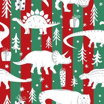 Winter seamless pattern with cute dinosaurs and hand drawn doodle trees, pres 库存插图