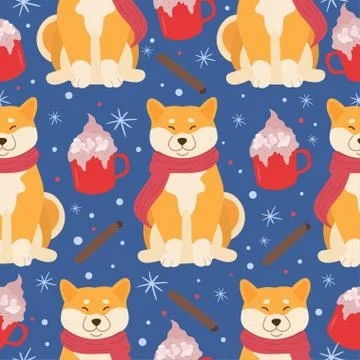 Winter seamless pattern with a cute dog and mugs with hot chocolate. Stock Illustration