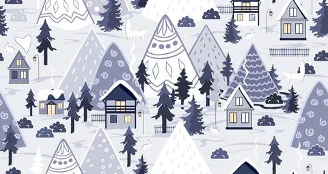 Winter seamless pattern. Cute houses, mountains and trees landscape. Cartoon Stock Illustration