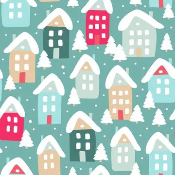 Winter seamless pattern of cute houses and snowy fir trees. Modern simple fla Stock Illustration