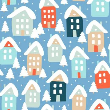 Winter seamless pattern of cute houses and snowy fir trees. Modern simple fla Stock Illustration