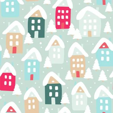 Winter seamless pattern of cute houses and snowy fir trees. Modern simple fla Stock Illustration