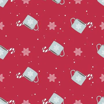 Winter seamless pattern with cute mug, candy cone and snowflakes Stock Illustration
