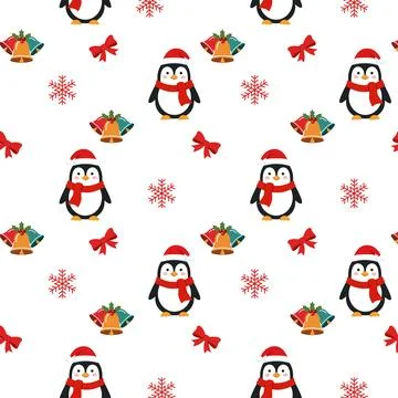 Winter seamless pattern with cute penguin in a hat, bells and bow. Xmas pat.. Stock Illustration