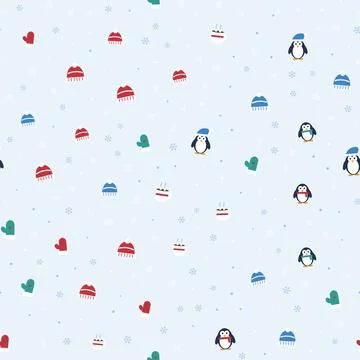 Winter seamless pattern with cute penguins, knitted hats, mittens, hot cocoa Stock Illustration