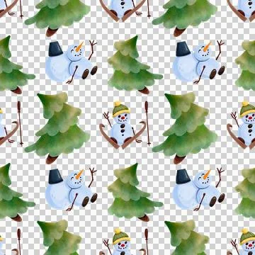 Winter seamless pattern with cute snowmen and Christmas trees. Stock Illustration
