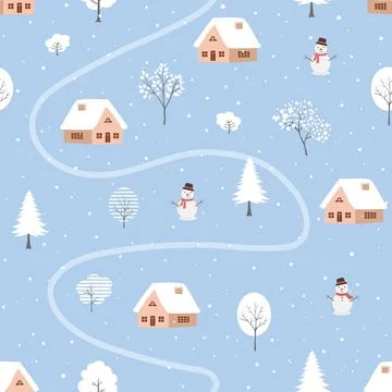 Winter seamless pattern with cute village and snowfall on blue background Stock Illustration