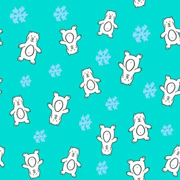 Winter seamless pattern with cute white bears and snowflake,hand drawn Stock Illustration