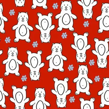 Winter seamless pattern with cute white bears and snowflake,hand drawn Stock Illustration
