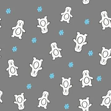 Winter seamless pattern with cute white bears and snowflake,hand drawn Stock Illustration