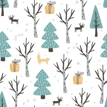 Winter seamless pattern with doodle hand drawn birch and fir trees forest, gift Stock Illustration