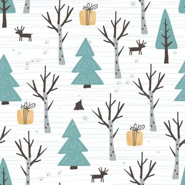 Winter seamless pattern with doodle hand drawn birch and fir trees forest, gift Stock Illustration