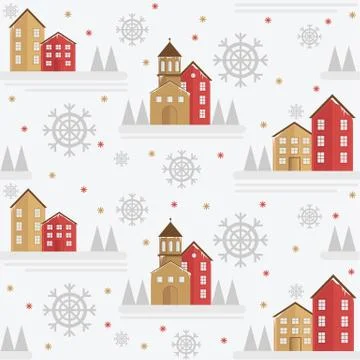 Winter seamless pattern element with houses, spruces and snowflakes Stock Illustration