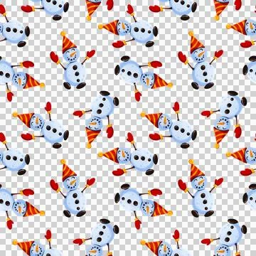Winter seamless pattern featuring cute snowmen in red party hats. Stock Illustration