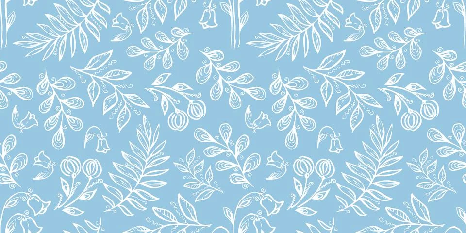 Winter Seamless Pattern. Floral elements in doodle style. Blue background Stock Illustration