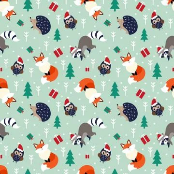 Winter seamless pattern with forest animals Stock Illustration