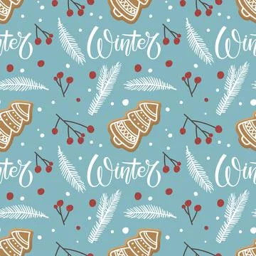 Winter Seamless pattern with gingerbread Christmas tree shape cookies, spruce Stock Illustration