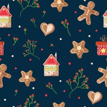 Winter seamless pattern with gingerbread cookies and a house. Green branches. Stock Illustration