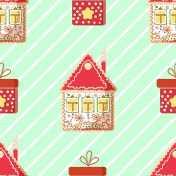 Winter seamless pattern with gingerbread house. White stripes on a light back Stock Illustration