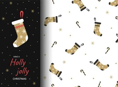 Winter seamless pattern with gold christmas sock. Illustrazione stock