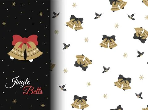 Winter seamless pattern with gold cute bells. Illustrazione stock