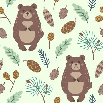 Winter seamless pattern with green branch, pine cone and bear. Stock Illustration