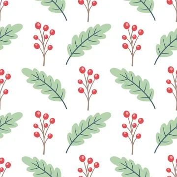 Winter seamless pattern with green oak leaves and red berry Stock Illustration