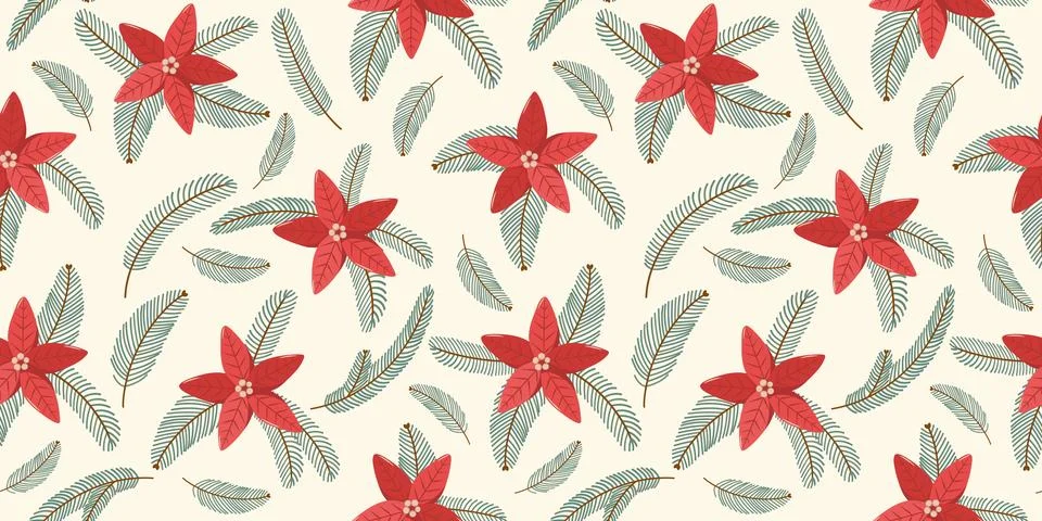 Winter seamless pattern with hand drawn christmas tree branches, poinsettia Stock-Illustration