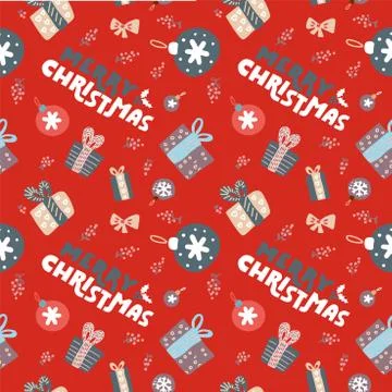 Winter seamless pattern with hand written typography and Christmas cartoon el Stock Illustration