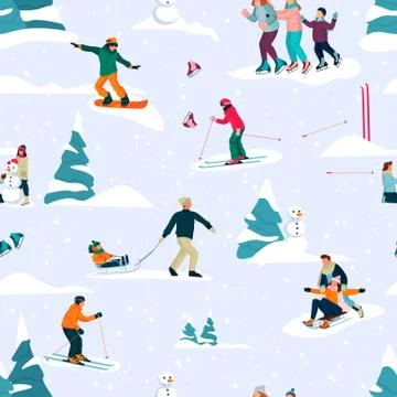 Winter seamless pattern with happy people skiing, skating and sledding. Vecto Stock Illustration