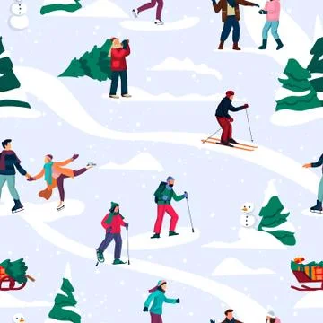 Winter seamless pattern with happy people skiing, skating and sledding. Vecto Stock Illustration
