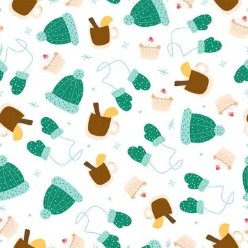 Winter seamless pattern with hats, mittens, mulled wine and muffins on a white Stock Illustration