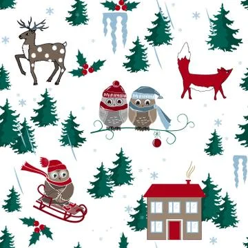 Winter seamless pattern with house, owls, fox, and forest. Vector illustratio Stock Illustration