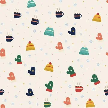 Winter seamless pattern with knit hats, mittens, hot chocolate mugs and Stock Illustration