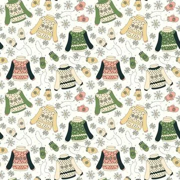 Winter seamless pattern with knitted sweaters, mittens and snowflakes Stock Illustration