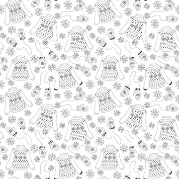 Winter seamless pattern with knitted sweaters, mittens and snow black and whi Stock Illustration