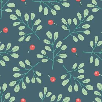 Winter seamless pattern with mistletoe on a green background. Stock Illustration