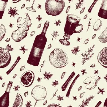 Winter seamless pattern with mulled wine, spices, orange, apple, pomegranate Stock Illustration