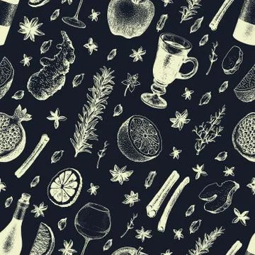 Winter seamless pattern with mulled wine, spices and fruits. Hand drawn vector Stock Illustration