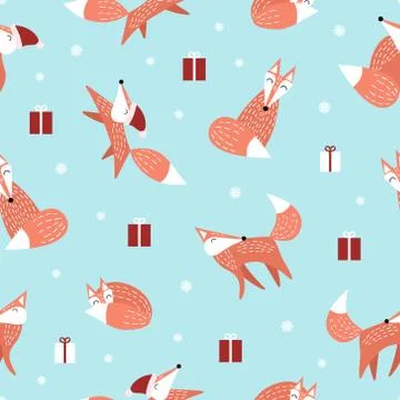 Winter seamless pattern with orange foxes Stock Illustration