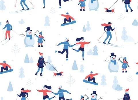 Winter seamless pattern. People having winter activities in park, skiing Stock Illustration