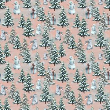 Winter seamless pattern on a pink background with Christmas trees, hares Illustrazione stock