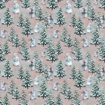 Winter seamless pattern on a pink background with Christmas trees, hares Stock Illustration