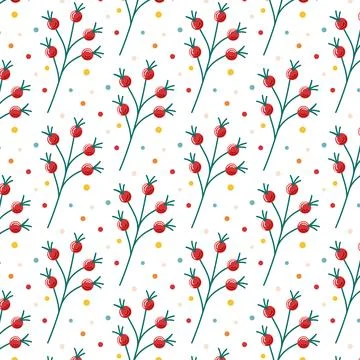 Winter seamless pattern with red berries of rowan and in flat style. Autumn Stock Illustration