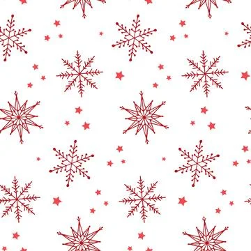 Winter seamless pattern. Red doodle snowflakes and stars on white backgroun.. Stock Illustration